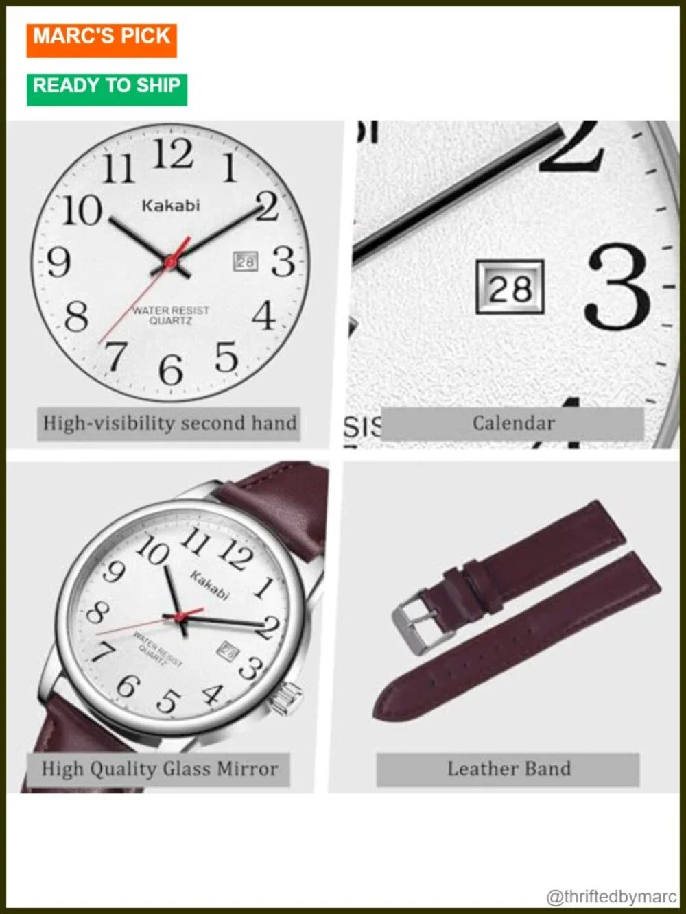 Easy Reader Analog Quartz Wristwatch with Date and Leather Band, Water Resistant